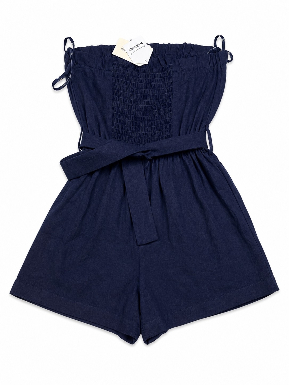Nwt Monteau Navy Linen Blend Strapless Belted Romper